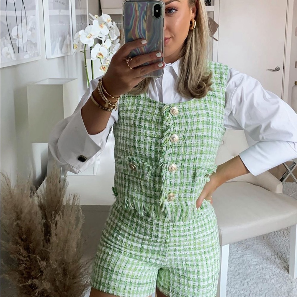 NWT Zara Green & White Tweed High Waisted Shorts - Picture 14 of 16